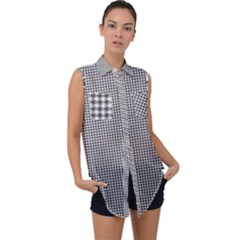 Soot Black And White Handpainted Houndstooth Check Watercolor Pattern Sleeveless Chiffon Button Shirt