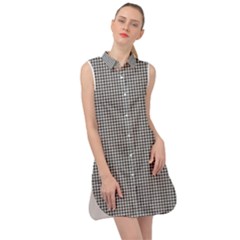 Soot Black And White Handpainted Houndstooth Check Watercolor Pattern Sleeveless Shirt Dress