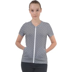 Soot Black And White Handpainted Houndstooth Check Watercolor Pattern Short Sleeve Zip Up Jacket