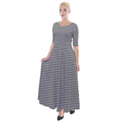 Soot Black And White Handpainted Houndstooth Check Watercolor Pattern Half Sleeves Maxi Dress by PodArtist