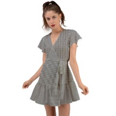 Soot Black And White Handpainted Houndstooth Check Watercolor Pattern Flutter Sleeve Wrap Dress