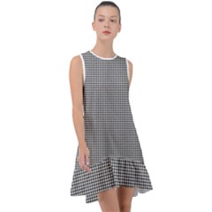 Soot Black And White Handpainted Houndstooth Check Watercolor Pattern Frill Swing Dress