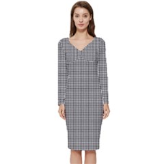 Soot Black And White Handpainted Houndstooth Check Watercolor Pattern Long Sleeve V-neck Bodycon Dress 