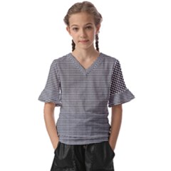 Soot Black And White Handpainted Houndstooth Check Watercolor Pattern Kids  V-neck Horn Sleeve Blouse