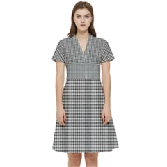 Soot Black And White Handpainted Houndstooth Check Watercolor Pattern Short Sleeve Waist Detail Dress