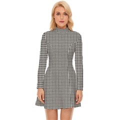 Soot Black And White Handpainted Houndstooth Check Watercolor Pattern Long Sleeve Velour Longline Dress by PodArtist