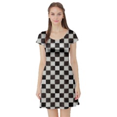 Large Black And White Watercolored Checkerboard Chess Short Sleeve Skater Dress