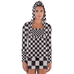Large Black And White Watercolored Checkerboard Chess Long Sleeve Hooded T-shirt by PodArtist