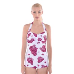 Grape-bunch-seamless-pattern-white-background-with-leaves 001 Boyleg Halter Swimsuit 