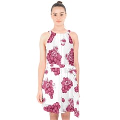 Grape-bunch-seamless-pattern-white-background-with-leaves 001 Halter Collar Waist Tie Chiffon Dress