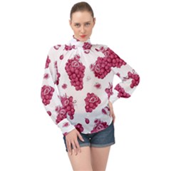 Grape-bunch-seamless-pattern-white-background-with-leaves 001 High Neck Long Sleeve Chiffon Top by nate14shop