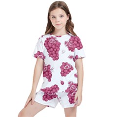 Grape-bunch-seamless-pattern-white-background-with-leaves 001 Kids  Tee And Sports Shorts Set by nate14shop