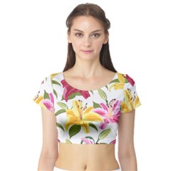 Lily-flower-seamless-pattern-white-background 001 Short Sleeve Crop Top