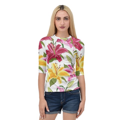 Lily-flower-seamless-pattern-white-background 001 Quarter Sleeve Raglan Tee by nate14shop