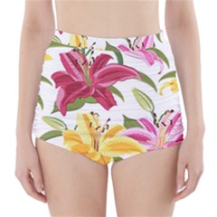 Lily-flower-seamless-pattern-white-background 001 High-waisted Bikini Bottoms by nate14shop