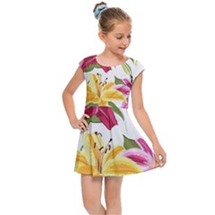 Lily-flower-seamless-pattern-white-background 001 Kids  Cap Sleeve Dress