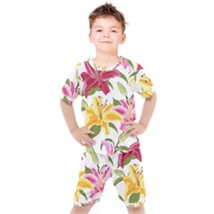 Lily-flower-seamless-pattern-white-background 001 Kids  Tee And Shorts Set by nate14shop