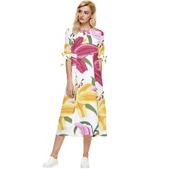 Lily-flower-seamless-pattern-white-background 001 Bow Sleeve Chiffon Midi Dress