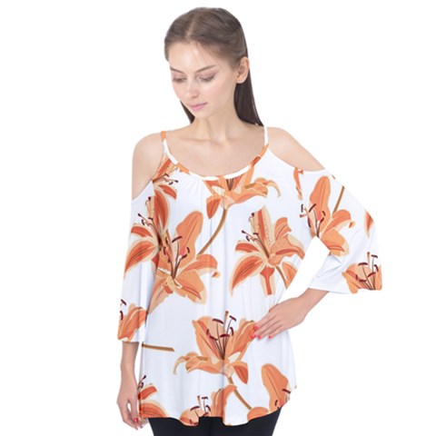 Lily-flower-seamless-pattern-white-background Flutter Sleeve Tee  by nate14shop