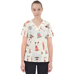 Seamless-background-with-spaceships-stars Women s V-neck Scrub Top by nate14shop
