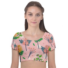 Seamless-floral-pattern 001 Velvet Short Sleeve Crop Top 