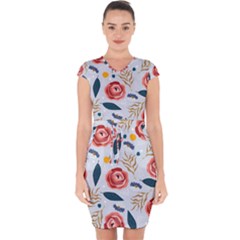 Seamless-floral-pattern Capsleeve Drawstring Dress  by nate14shop