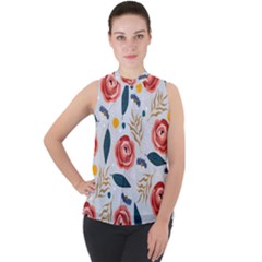 Seamless-floral-pattern Mock Neck Chiffon Sleeveless Top by nate14shop