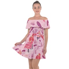 Seamless-pattern-with-flamingo Off Shoulder Velour Dress by nate14shop