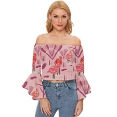 Seamless-pattern-with-flamingo Off Shoulder Flutter Bell Sleeve Top