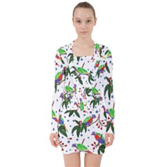 Seamless-pattern-with-parrot V-neck Bodycon Long Sleeve Dress by nate14shop