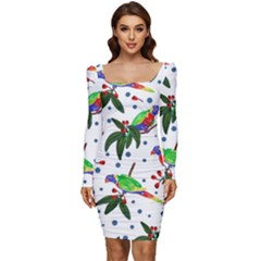 Seamless-pattern-with-parrot Women Long Sleeve Ruched Stretch Jersey Dress by nate14shop