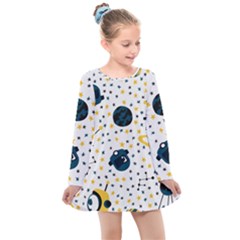 Seamless-pattern-with-spaceships-stars 002 Kids  Long Sleeve Dress by nate14shop