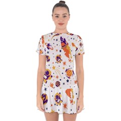 Seamless-pattern-with-spaceships-stars 005 Drop Hem Mini Chiffon Dress by nate14shop