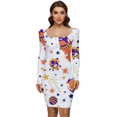 Seamless-pattern-with-spaceships-stars 005 Women Long Sleeve Ruched Stretch Jersey Dress by nate14shop
