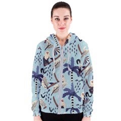 Tropical-leaves-seamless-pattern-with-monkey Women s Zipper Hoodie by nate14shop