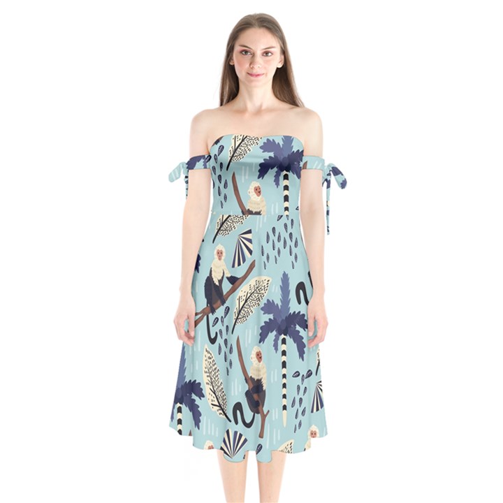 Tropical-leaves-seamless-pattern-with-monkey Shoulder Tie Bardot Midi Dress