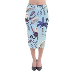 Tropical-leaves-seamless-pattern-with-monkey Velvet Midi Pencil Skirt by nate14shop