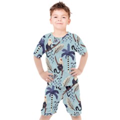 Tropical-leaves-seamless-pattern-with-monkey Kids  Tee And Shorts Set by nate14shop