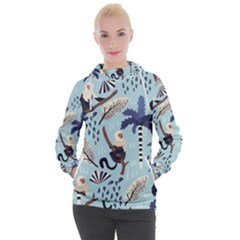 Tropical-leaves-seamless-pattern-with-monkey Women s Hooded Pullover by nate14shop