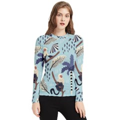 Tropical-leaves-seamless-pattern-with-monkey Women s Long Sleeve Rash Guard by nate14shop