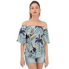 Tropical-leaves-seamless-pattern-with-monkey Off Shoulder Short Sleeve Top by nate14shop