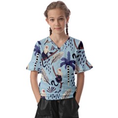 Tropical-leaves-seamless-pattern-with-monkey Kids  V-neck Horn Sleeve Blouse