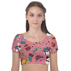 Hand-drawn-christmas-pattern-design Velvet Short Sleeve Crop Top  by nate14shop