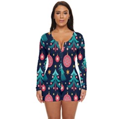 Hand-drawn-flat-christmas-pattern Long Sleeve Boyleg Swimsuit