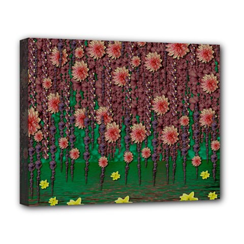 Floral Vines Over Lotus Pond In Meditative Tropical Style Deluxe Canvas 20  X 16  (stretched) by pepitasart