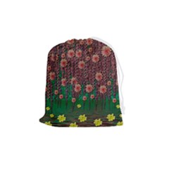 Floral Vines Over Lotus Pond In Meditative Tropical Style Drawstring Pouch (medium) by pepitasart