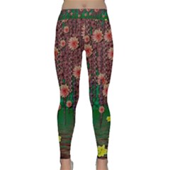 Floral Vines Over Lotus Pond In Meditative Tropical Style Classic Yoga Leggings by pepitasart