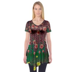 Floral Vines Over Lotus Pond In Meditative Tropical Style Short Sleeve Tunic  by pepitasart