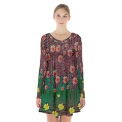 Floral Vines Over Lotus Pond In Meditative Tropical Style Long Sleeve Velvet V-neck Dress by pepitasart