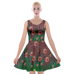 Floral Vines Over Lotus Pond In Meditative Tropical Style Velvet Skater Dress by pepitasart